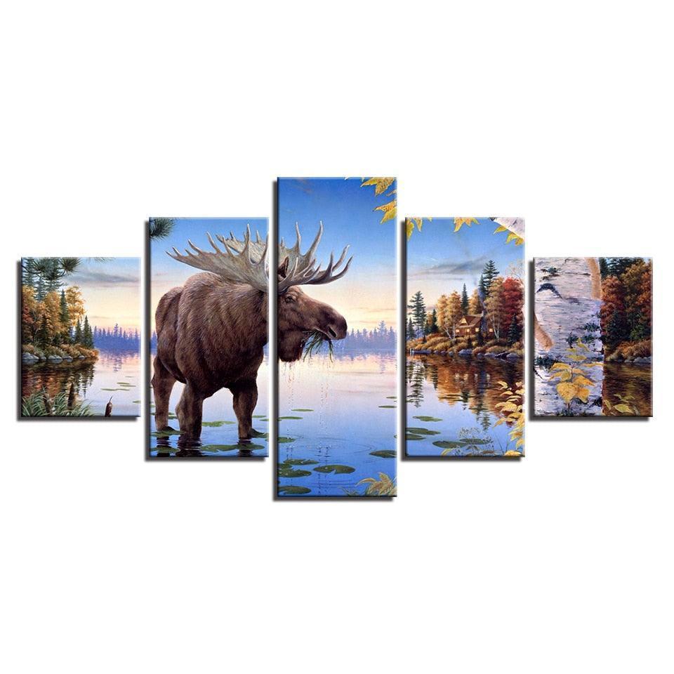 Elk Deer 5 Piece HD Multi Panel Canvas Wall Art Frame-Original Frame