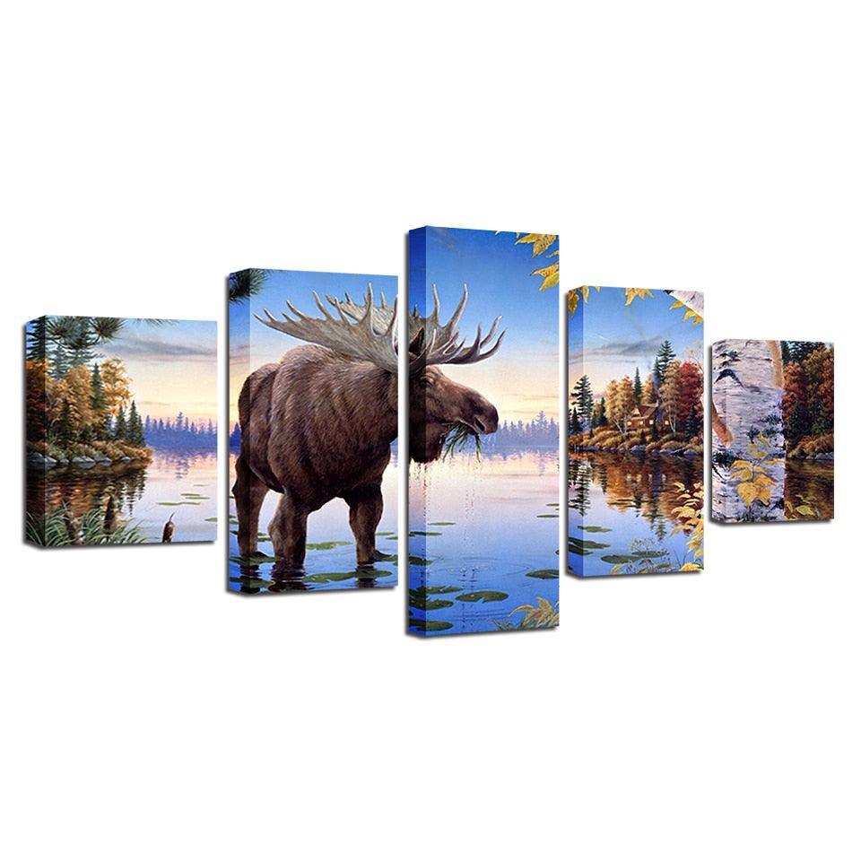 Elk Deer 5 Piece HD Multi Panel Canvas Wall Art Frame-Original Frame