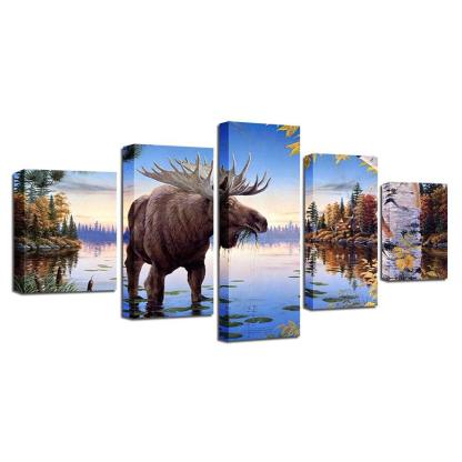 Elk Deer 5 Piece HD Multi Panel Canvas Wall Art Frame-Original Frame