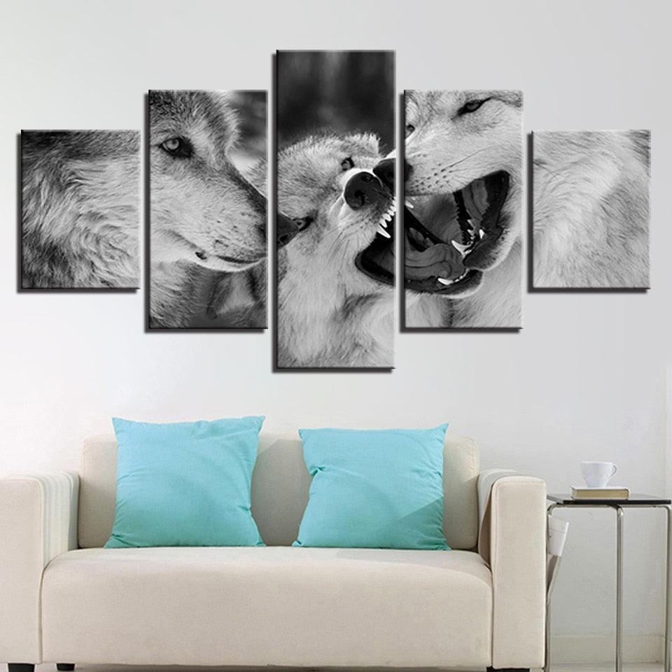 Black And White Wolves 5 Piece HD Multi Panel Canvas Wall Art Frame-Original Frame