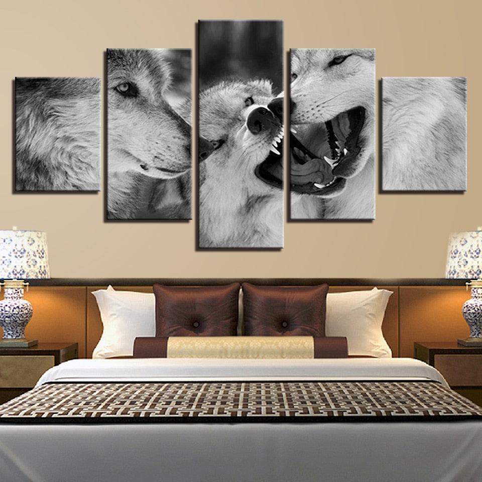 Black And White Wolves 5 Piece HD Multi Panel Canvas Wall Art Frame-Original Frame