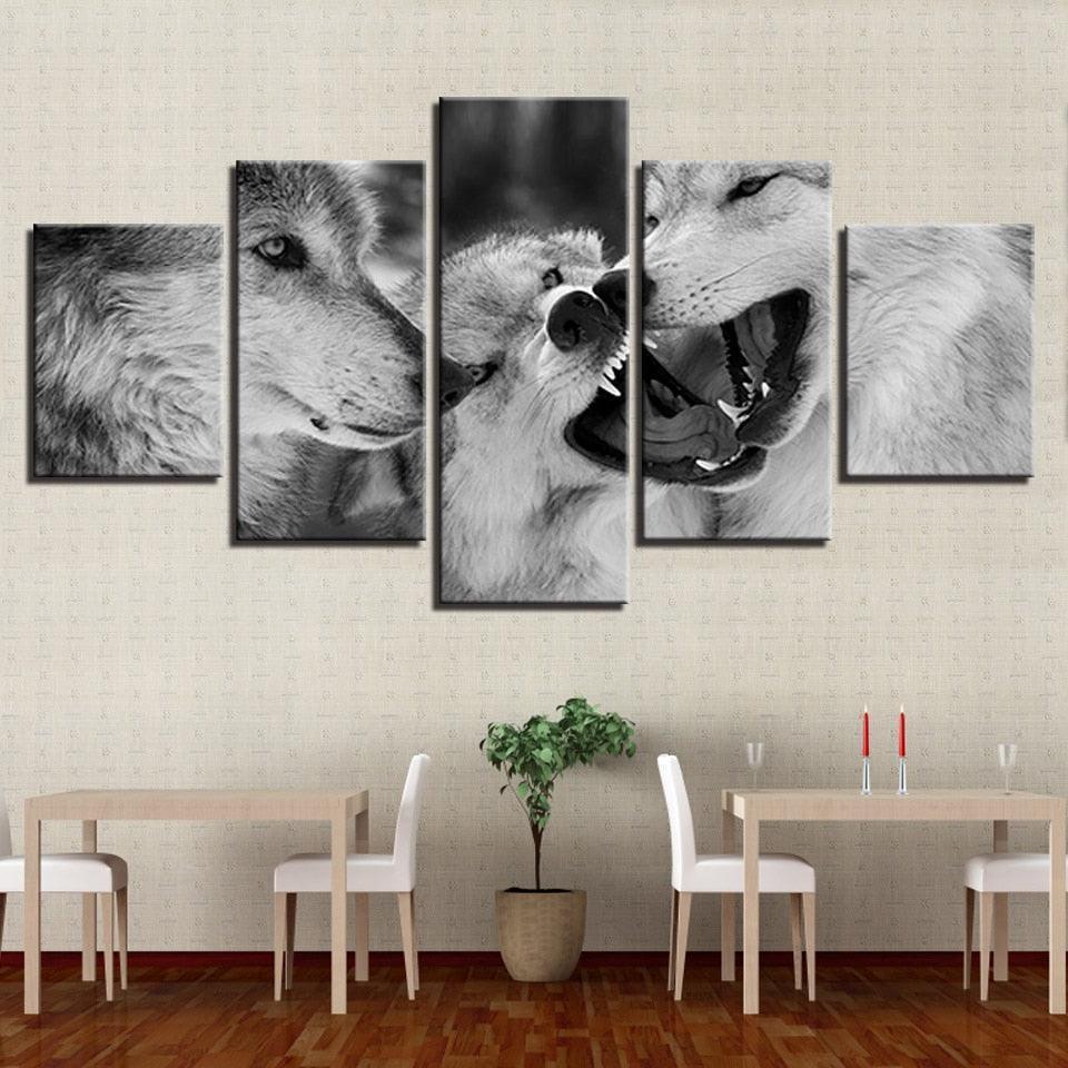 Black And White Wolves 5 Piece HD Multi Panel Canvas Wall Art Frame-Original Frame