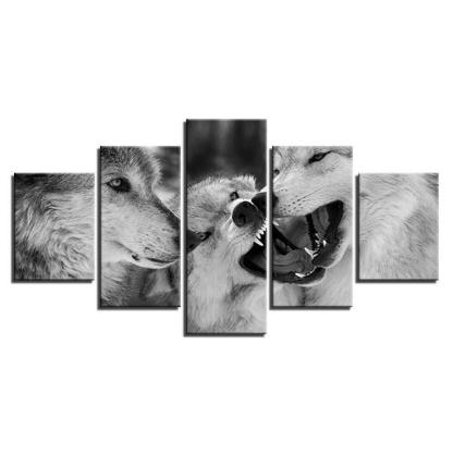 Black And White Wolves 5 Piece HD Multi Panel Canvas Wall Art Frame-Original Frame