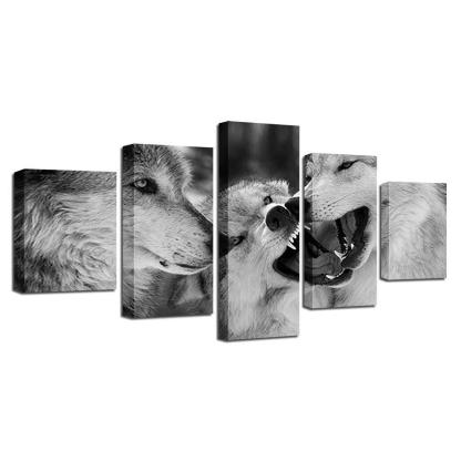 Black And White Wolves 5 Piece HD Multi Panel Canvas Wall Art Frame-Original Frame