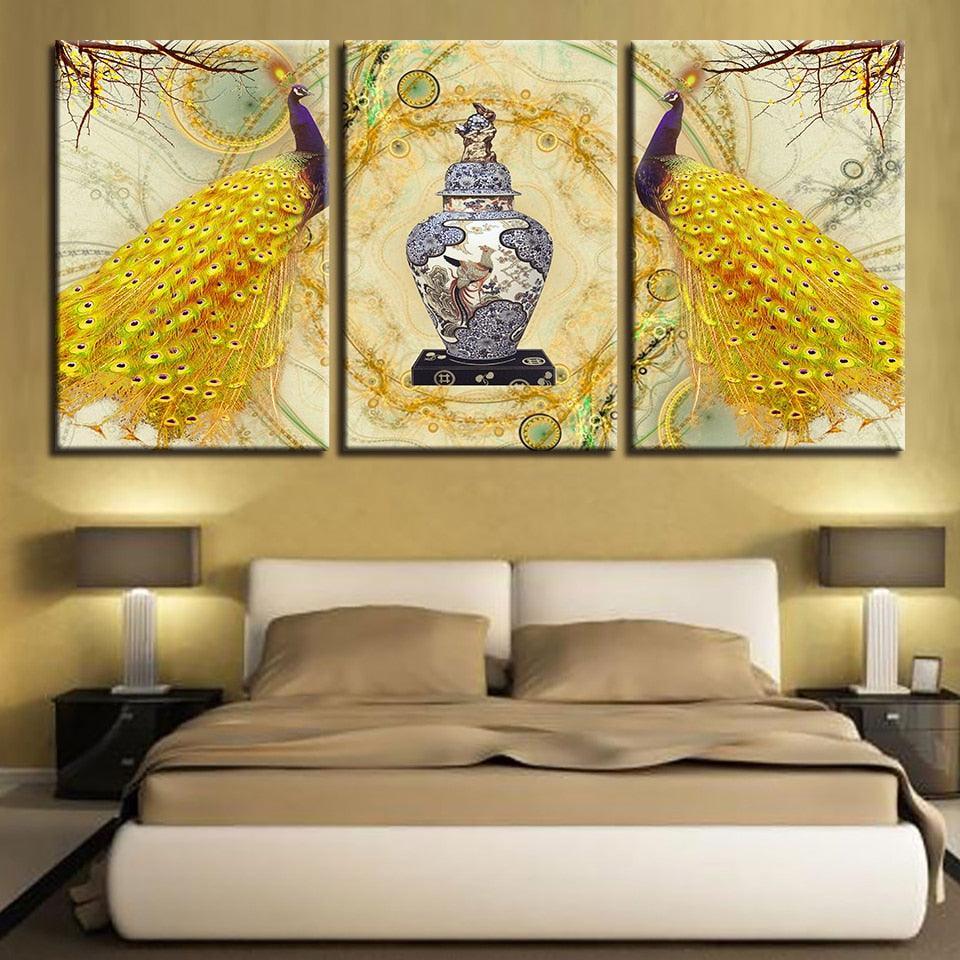 Golden Peacock Paintings 3 Piece HD Multi Panel Canvas Wall Art Frame-Original Frame