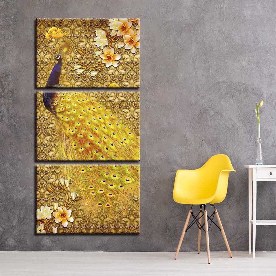 Golden Peacock 3 Piece HD Multi Panel Canvas Wall Art Frame-Original Frame