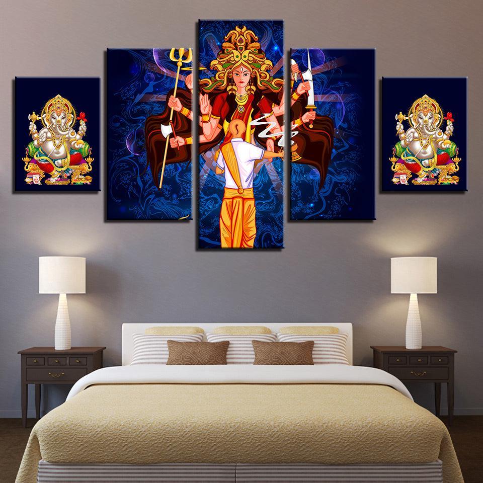 Goddess Durga 5 Piece HD Multi Panel Canvas Wall Art Frame-Original Frame