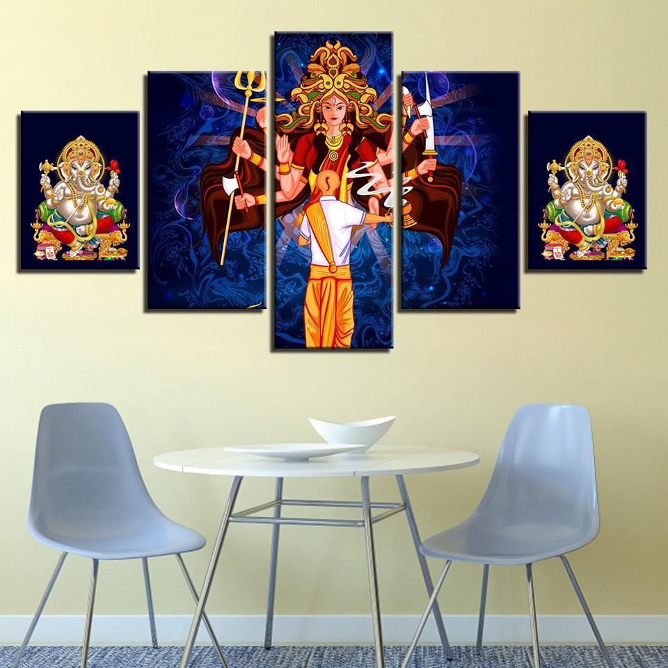 Goddess Durga 5 Piece HD Multi Panel Canvas Wall Art Frame-Original Frame