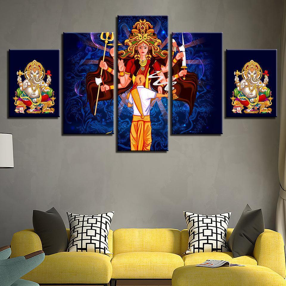 Goddess Durga 5 Piece HD Multi Panel Canvas Wall Art Frame-Original Frame