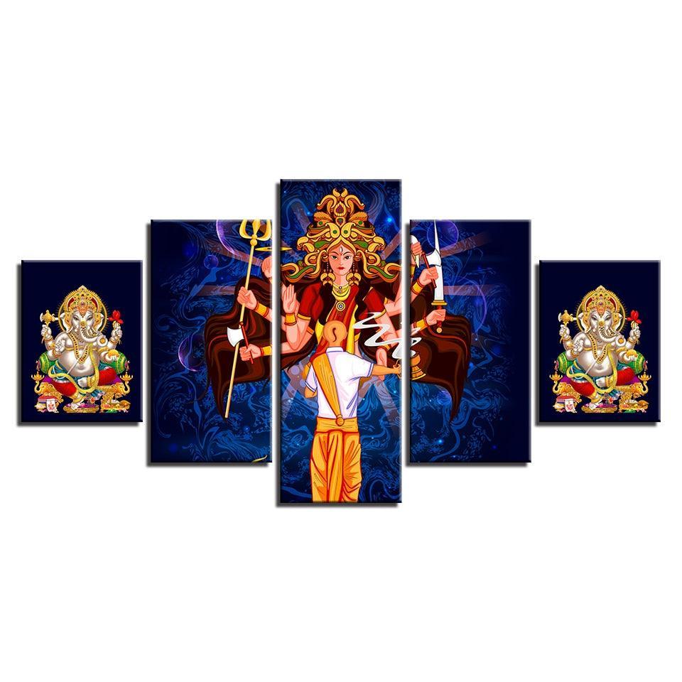 Goddess Durga 5 Piece HD Multi Panel Canvas Wall Art Frame-Original Frame