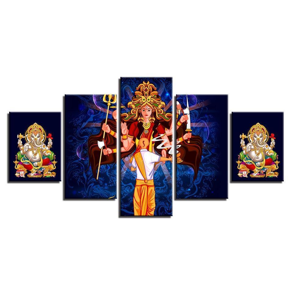 Goddess Durga 5 Piece HD Multi Panel Canvas Wall Art Frame-Original Frame