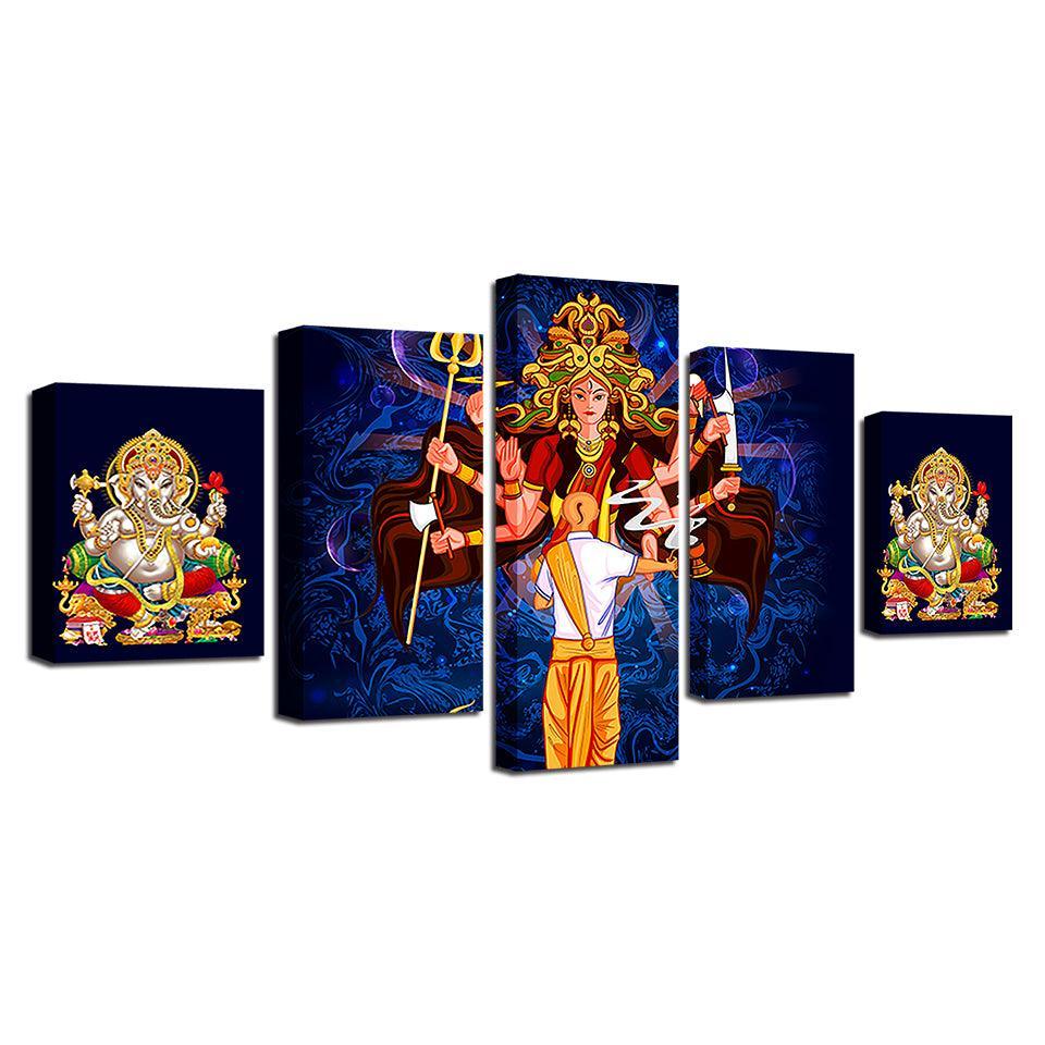 Goddess Durga 5 Piece HD Multi Panel Canvas Wall Art Frame-Original Frame