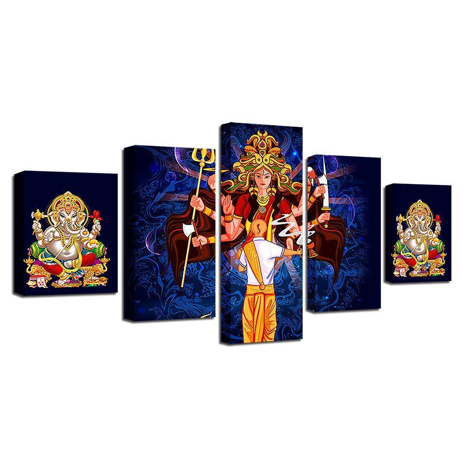 Goddess Durga 5 Piece HD Multi Panel Canvas Wall Art Frame-Original Frame