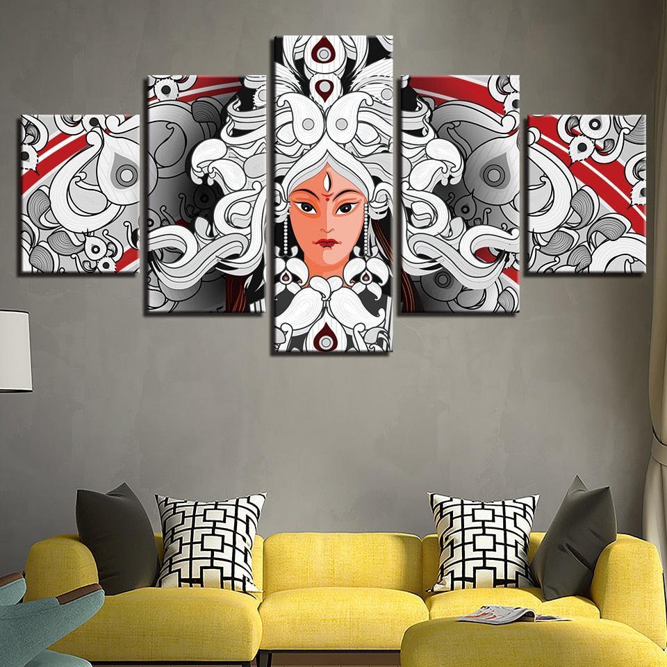 Hindu Goddess Durga 5 Piece HD Multi Panel Canvas Wall Art Frame-Original Frame
