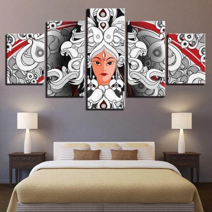 Hindu Goddess Durga 5 Piece HD Multi Panel Canvas Wall Art Frame-Original Frame