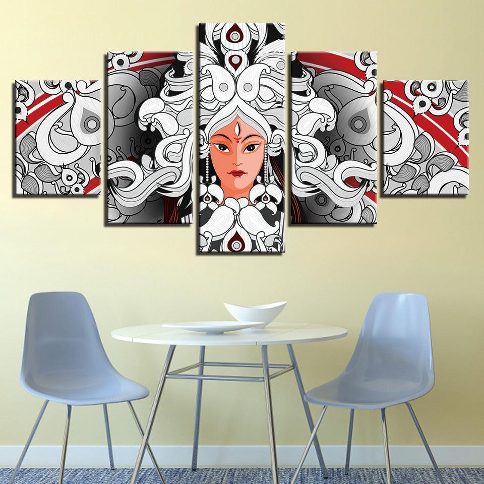 Hindu Goddess Durga 5 Piece HD Multi Panel Canvas Wall Art Frame-Original Frame