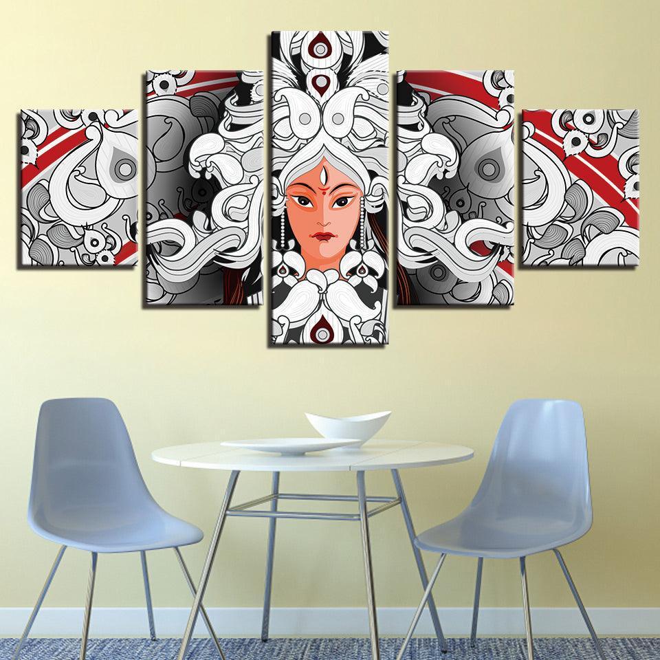 Hindu Goddess Durga 5 Piece HD Multi Panel Canvas Wall Art Frame-Original Frame