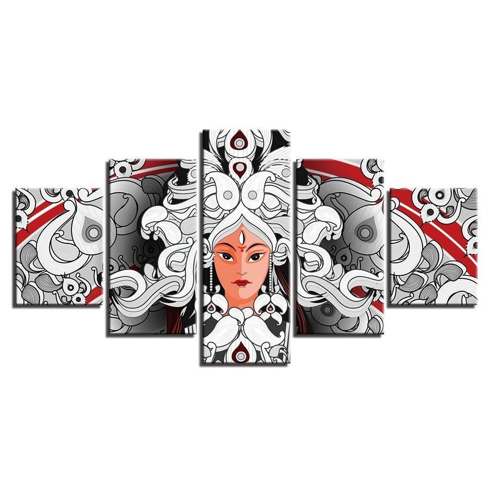 Hindu Goddess Durga 5 Piece HD Multi Panel Canvas Wall Art Frame-Original Frame