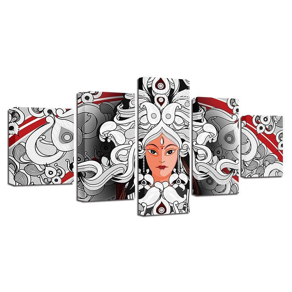 Hindu Goddess Durga 5 Piece HD Multi Panel Canvas Wall Art Frame-Original Frame