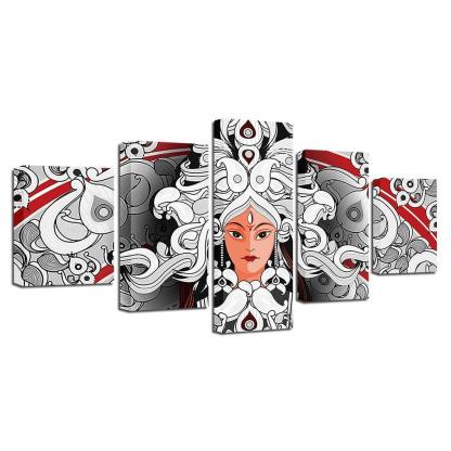 Hindu Goddess Durga 5 Piece HD Multi Panel Canvas Wall Art Frame-Original Frame