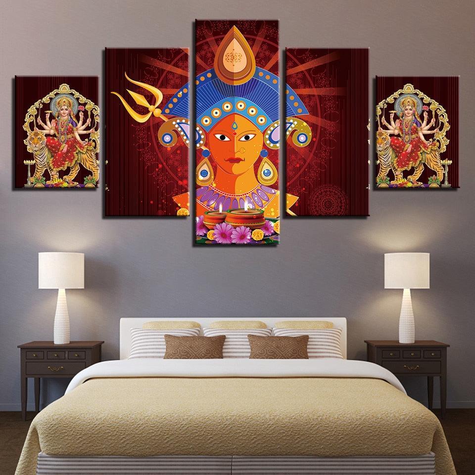 Hindu Goddess Durga Puja 5 Piece HD Multi Panel Canvas Wall Art Frame-Original Frame