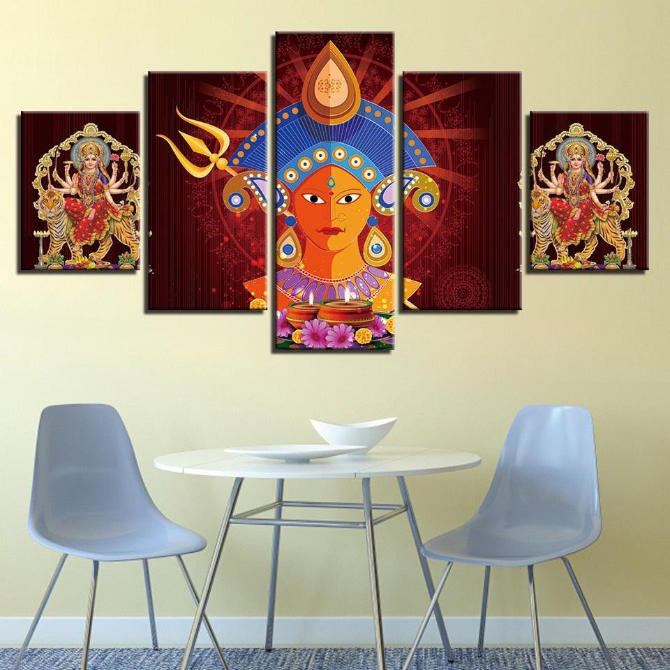 Hindu Goddess Durga Puja 5 Piece HD Multi Panel Canvas Wall Art Frame-Original Frame