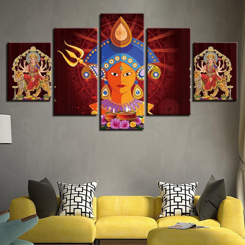 Hindu Goddess Durga Puja 5 Piece HD Multi Panel Canvas Wall Art Frame-Original Frame