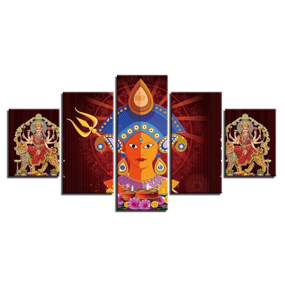 Hindu Goddess Durga Puja 5 Piece HD Multi Panel Canvas Wall Art Frame-Original Frame