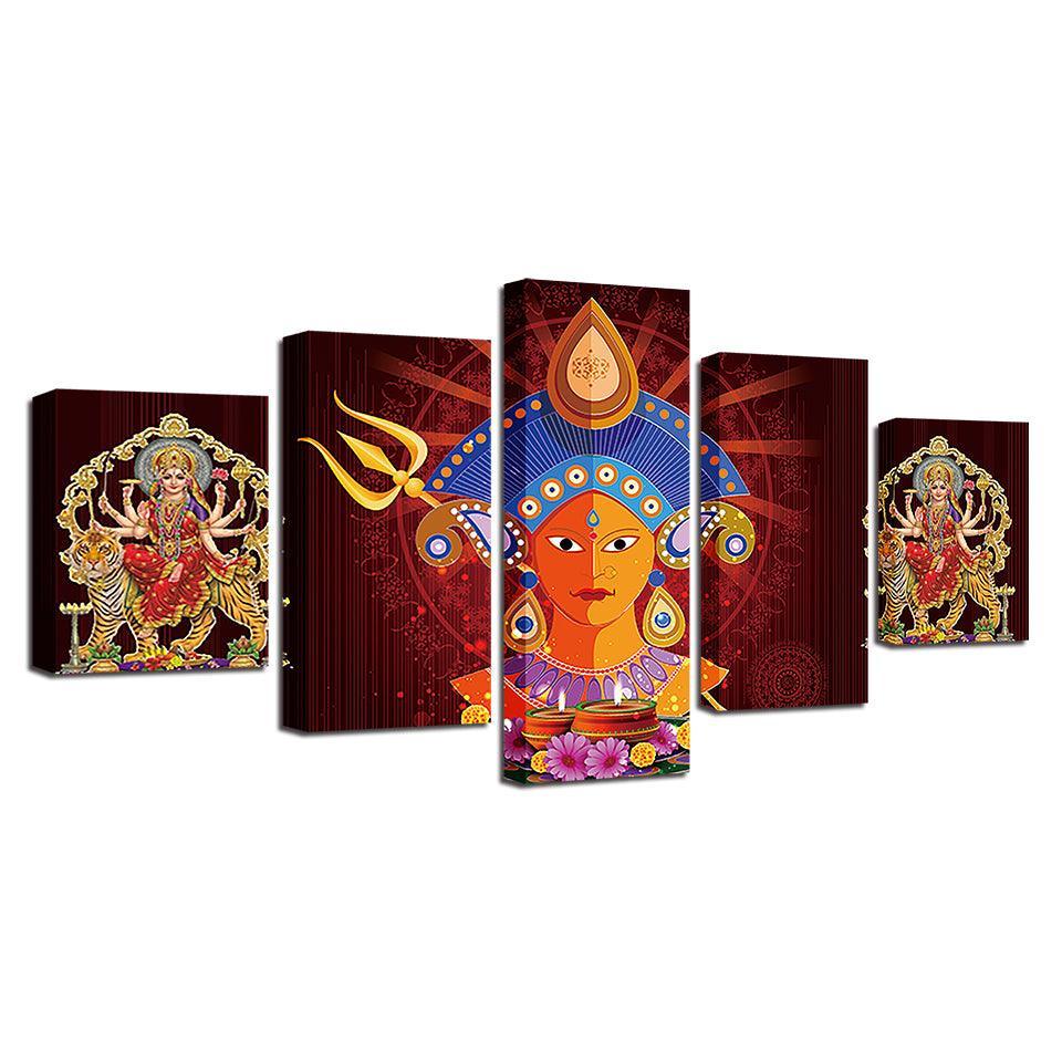 Hindu Goddess Durga Puja 5 Piece HD Multi Panel Canvas Wall Art Frame-Original Frame