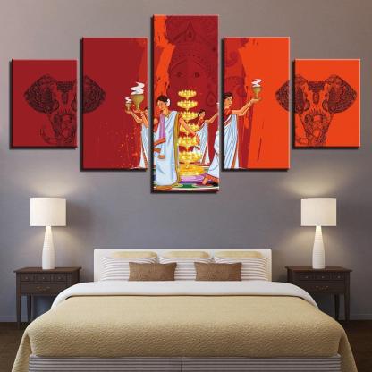 Indian Durga Puja 5 Piece HD Multi Panel Canvas Wall Art Frame-Original Frame