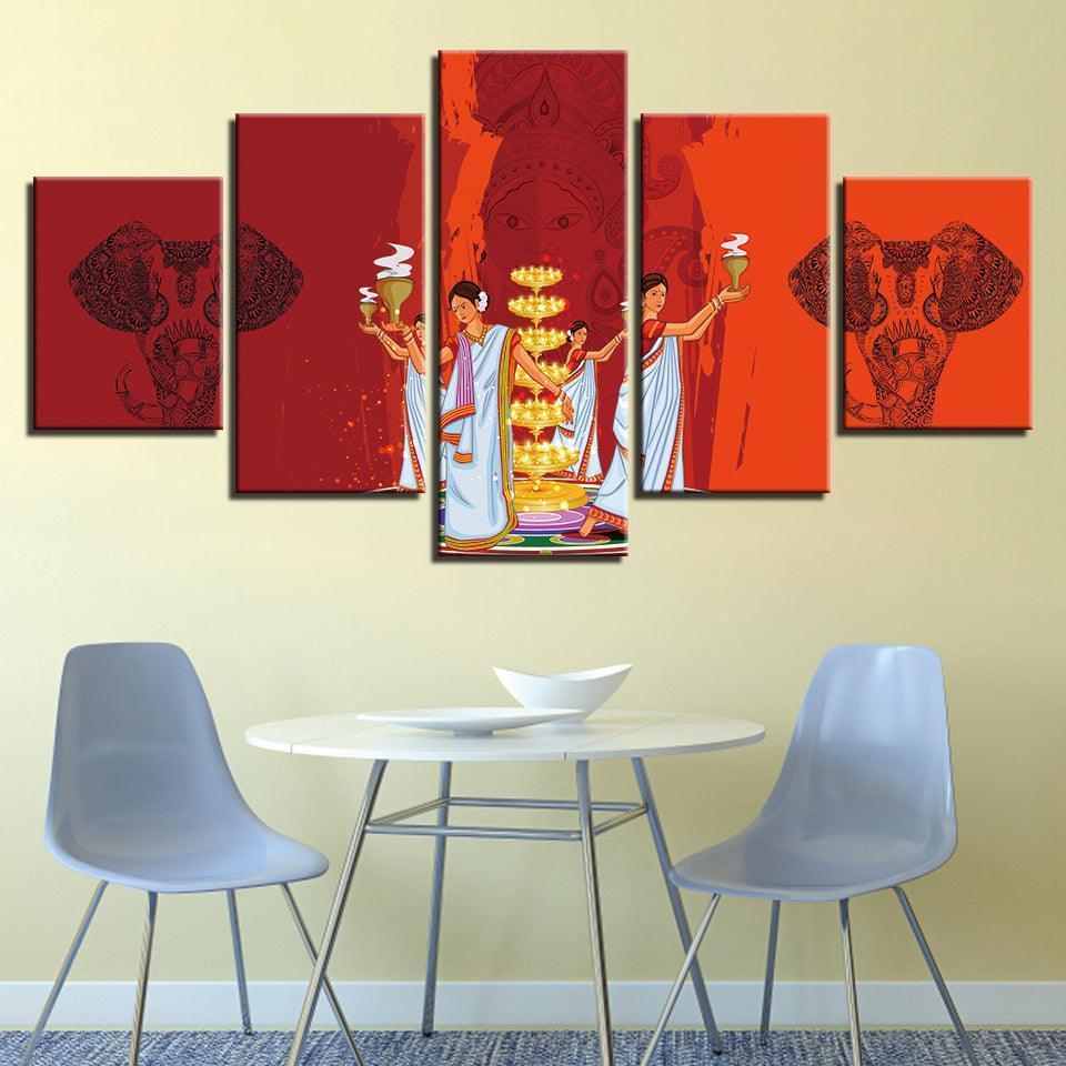 Indian Durga Puja 5 Piece HD Multi Panel Canvas Wall Art Frame-Original Frame