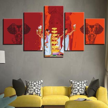 Indian Durga Puja 5 Piece HD Multi Panel Canvas Wall Art Frame-Original Frame