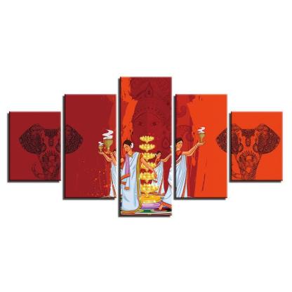Indian Durga Puja 5 Piece HD Multi Panel Canvas Wall Art Frame-Original Frame
