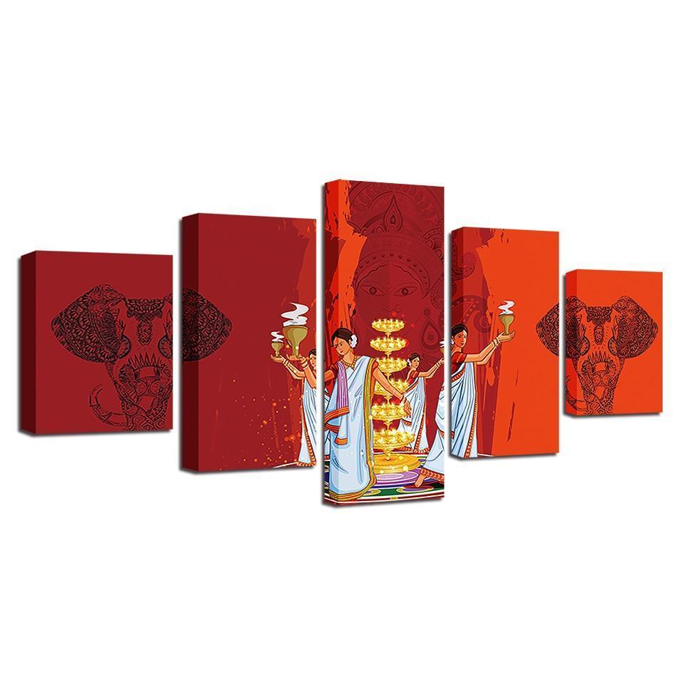 Indian Durga Puja 5 Piece HD Multi Panel Canvas Wall Art Frame-Original Frame
