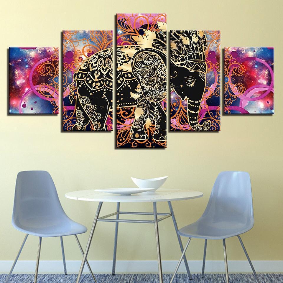 Indian Elephant 5 Piece HD Multi Panel Canvas Wall Art Frame-Original Frame