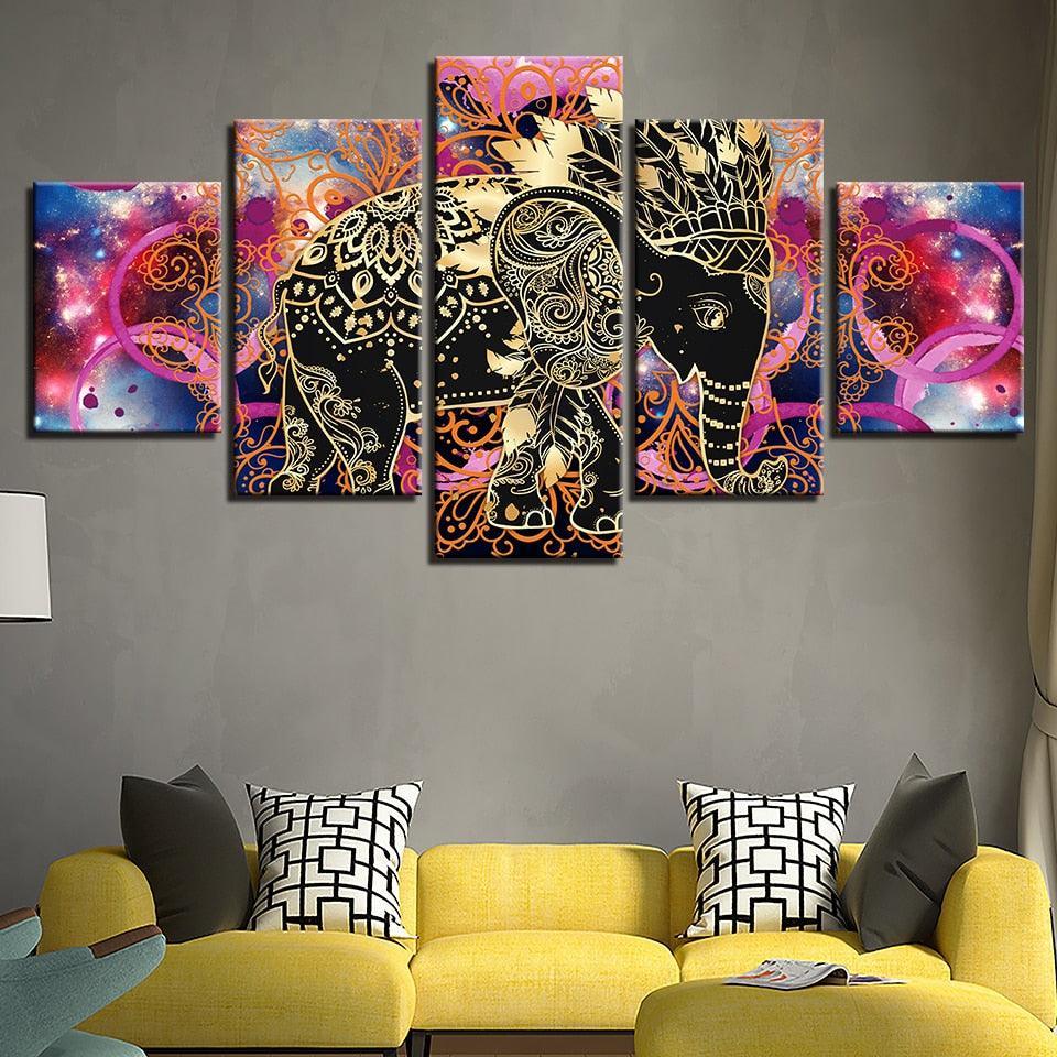 Indian Elephant 5 Piece HD Multi Panel Canvas Wall Art Frame-Original Frame
