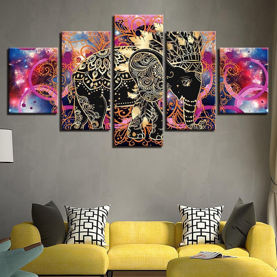 Indian Elephant 5 Piece HD Multi Panel Canvas Wall Art Frame-Original Frame