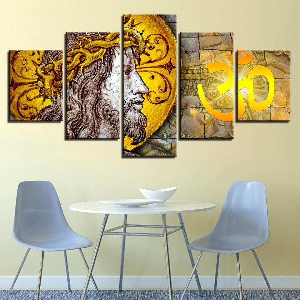 Jesus Christ & Om 5 Piece HD Multi Panel Canvas Wall Art Frame-Original Frame