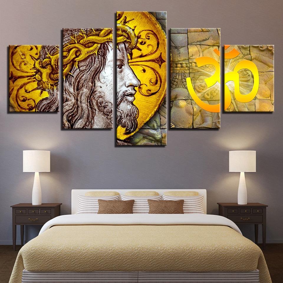 Jesus Christ & Om 5 Piece HD Multi Panel Canvas Wall Art Frame-Original Frame