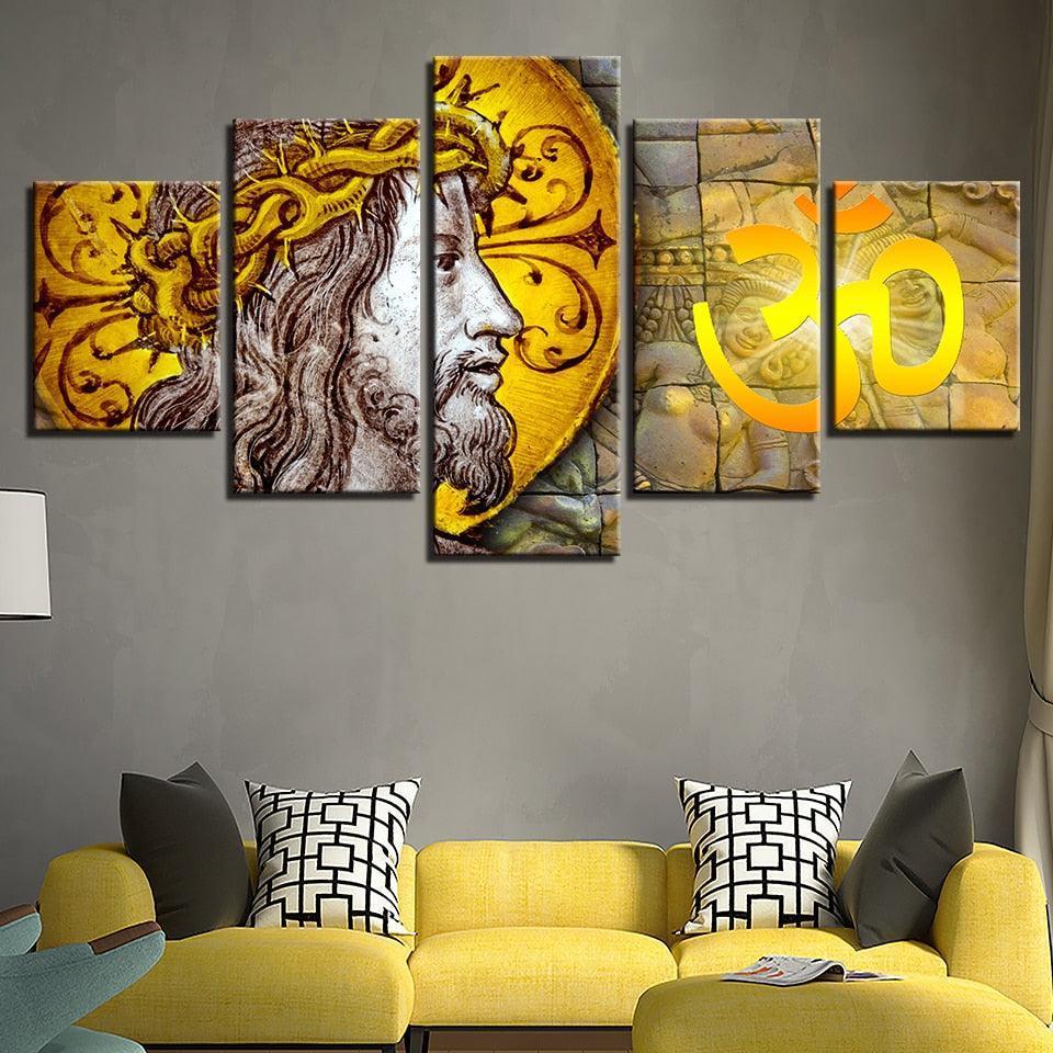 Jesus Christ & Om 5 Piece HD Multi Panel Canvas Wall Art Frame-Original Frame