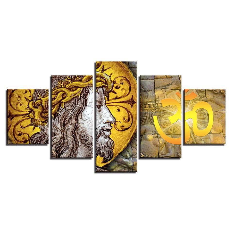 Jesus Christ & Om 5 Piece HD Multi Panel Canvas Wall Art Frame-Original Frame