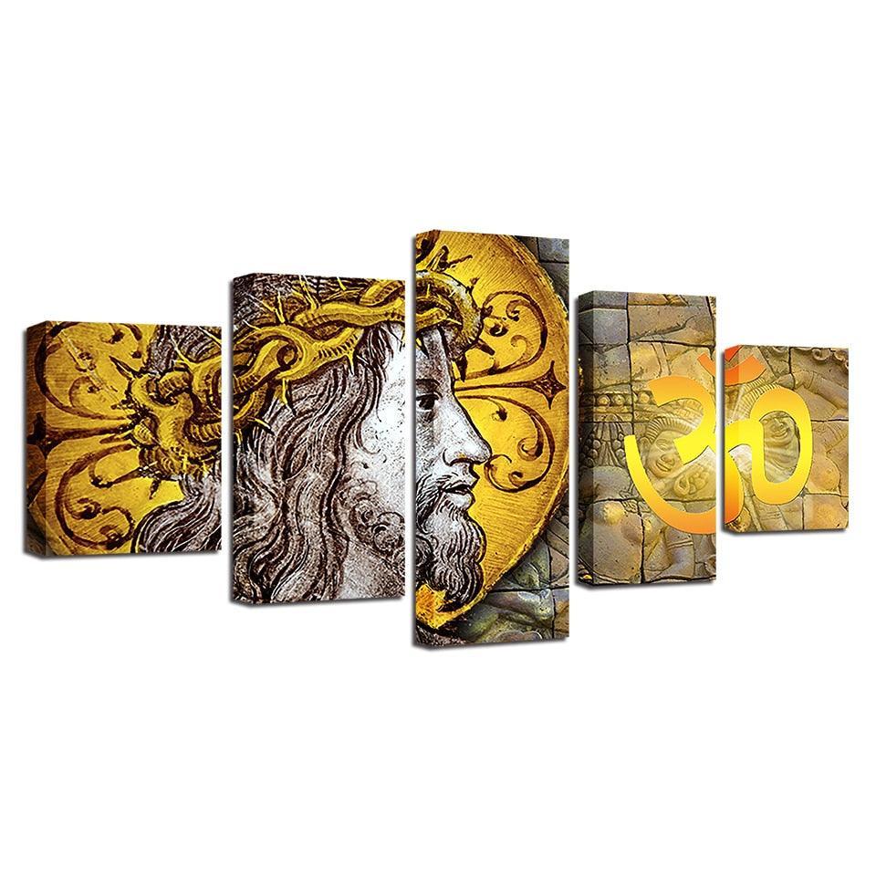 Jesus Christ & Om 5 Piece HD Multi Panel Canvas Wall Art Frame-Original Frame