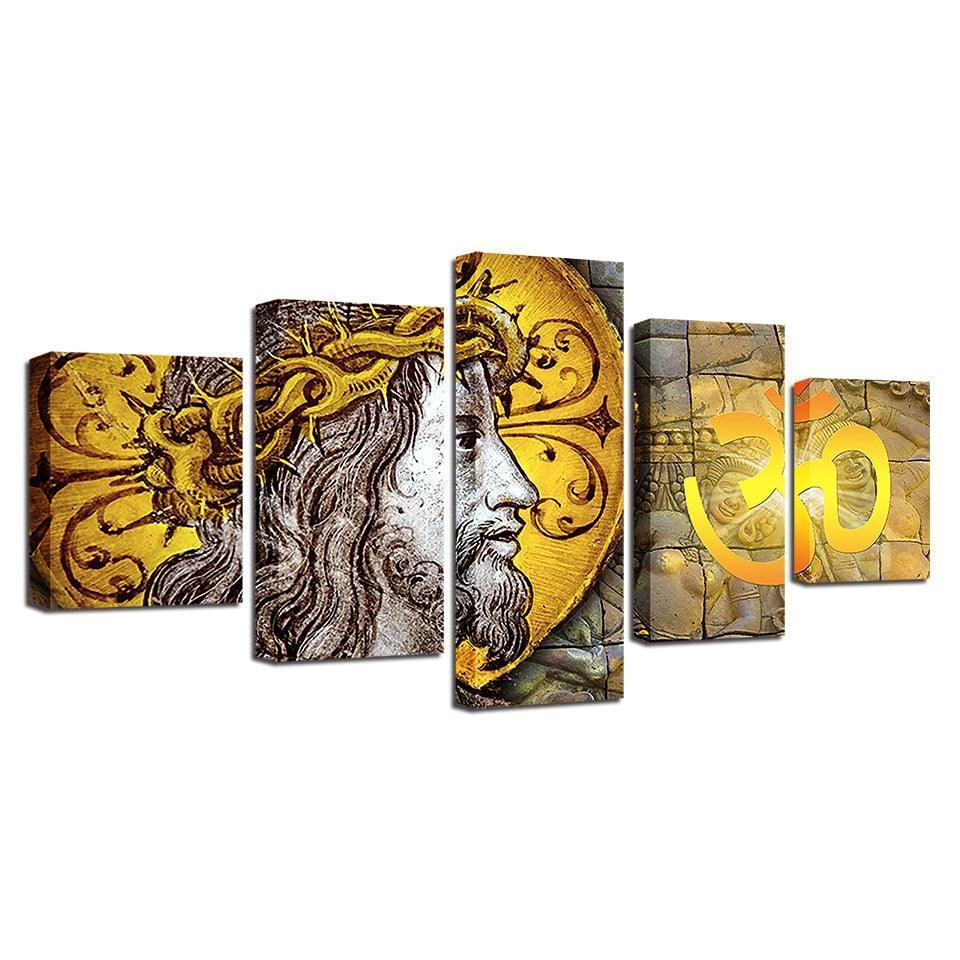 Jesus Christ & Om 5 Piece HD Multi Panel Canvas Wall Art Frame-Original Frame