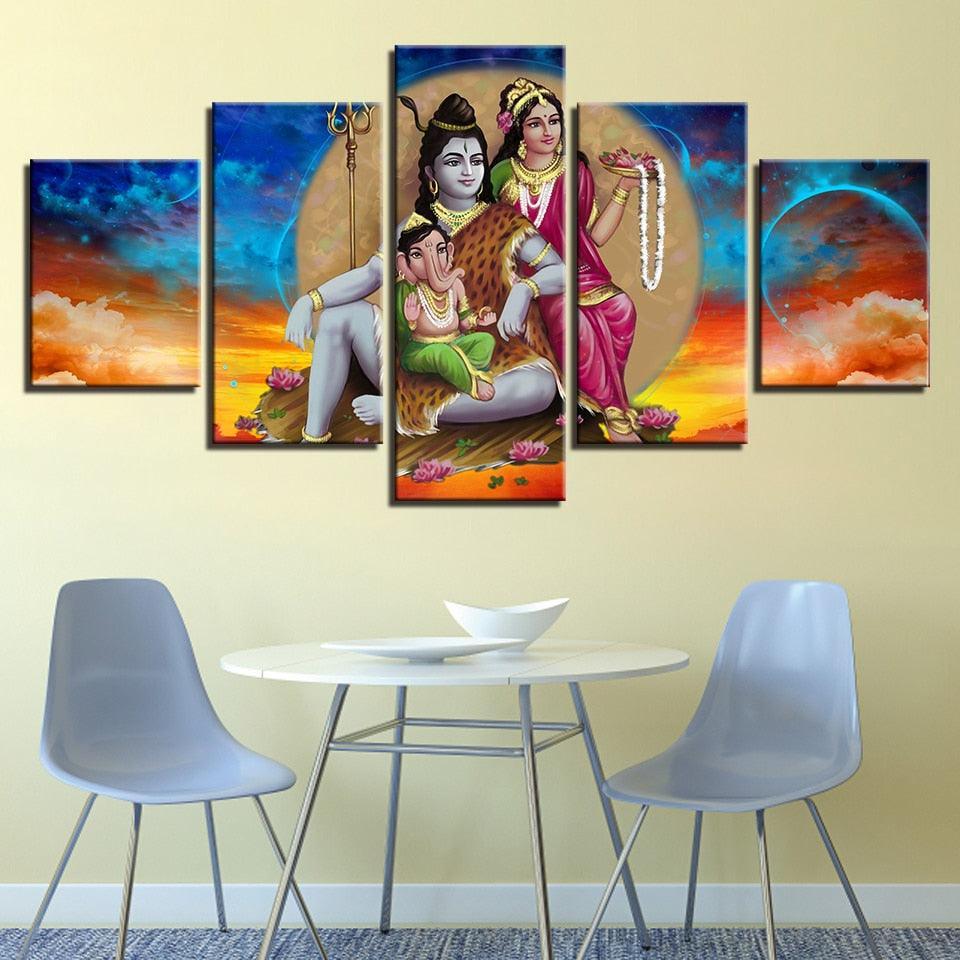 Shiva Parvati Ganesha 5 Piece HD Multi Panel Canvas Wall Art Frame-Original Frame