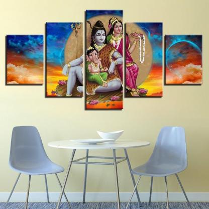 Shiva Parvati Ganesha 5 Piece HD Multi Panel Canvas Wall Art Frame-Original Frame
