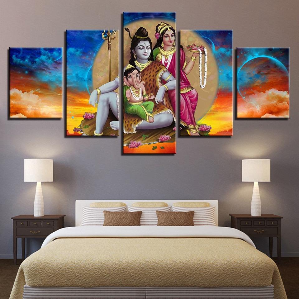 Shiva Parvati Ganesha 5 Piece HD Multi Panel Canvas Wall Art Frame-Original Frame