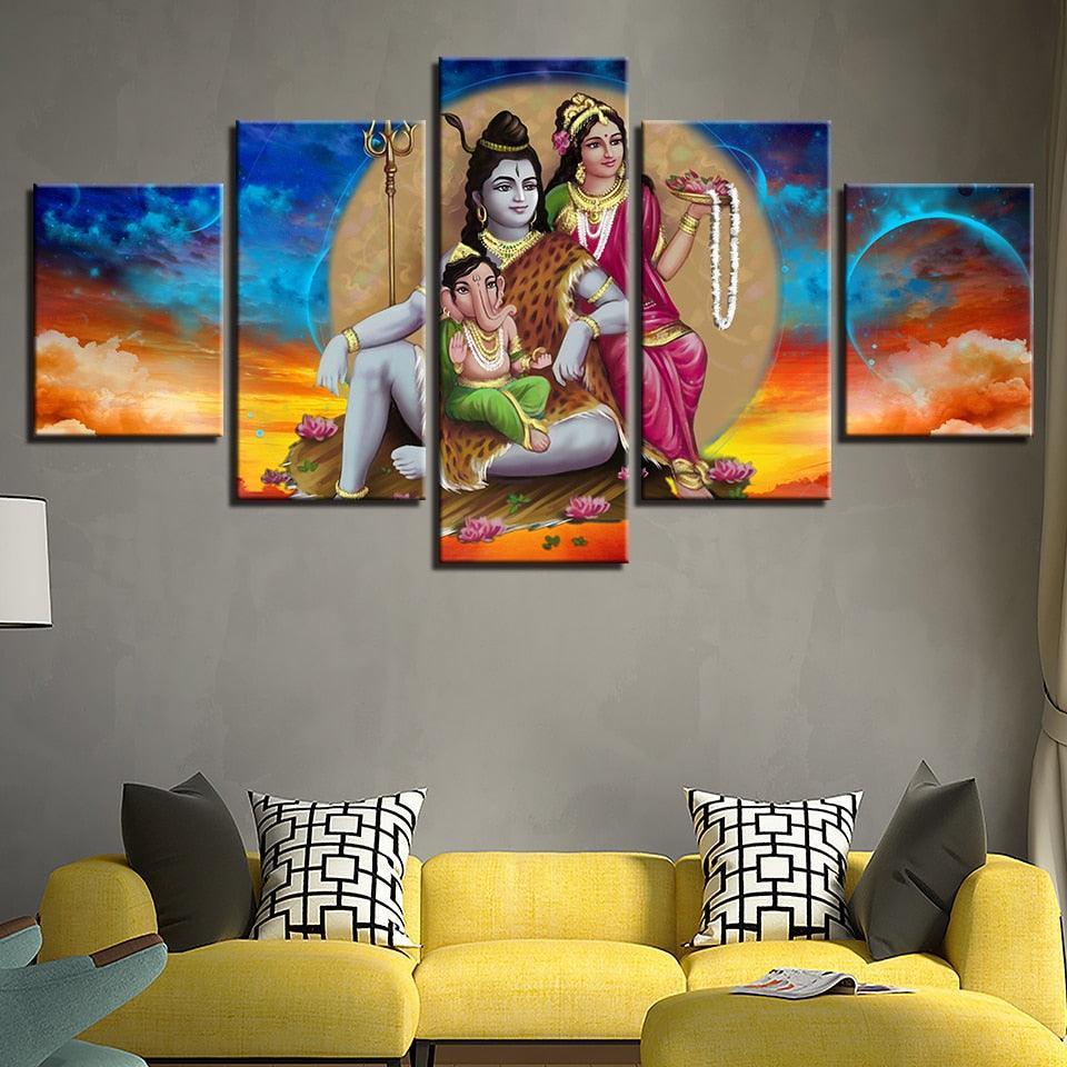 Shiva Parvati Ganesha 5 Piece HD Multi Panel Canvas Wall Art Frame-Original Frame