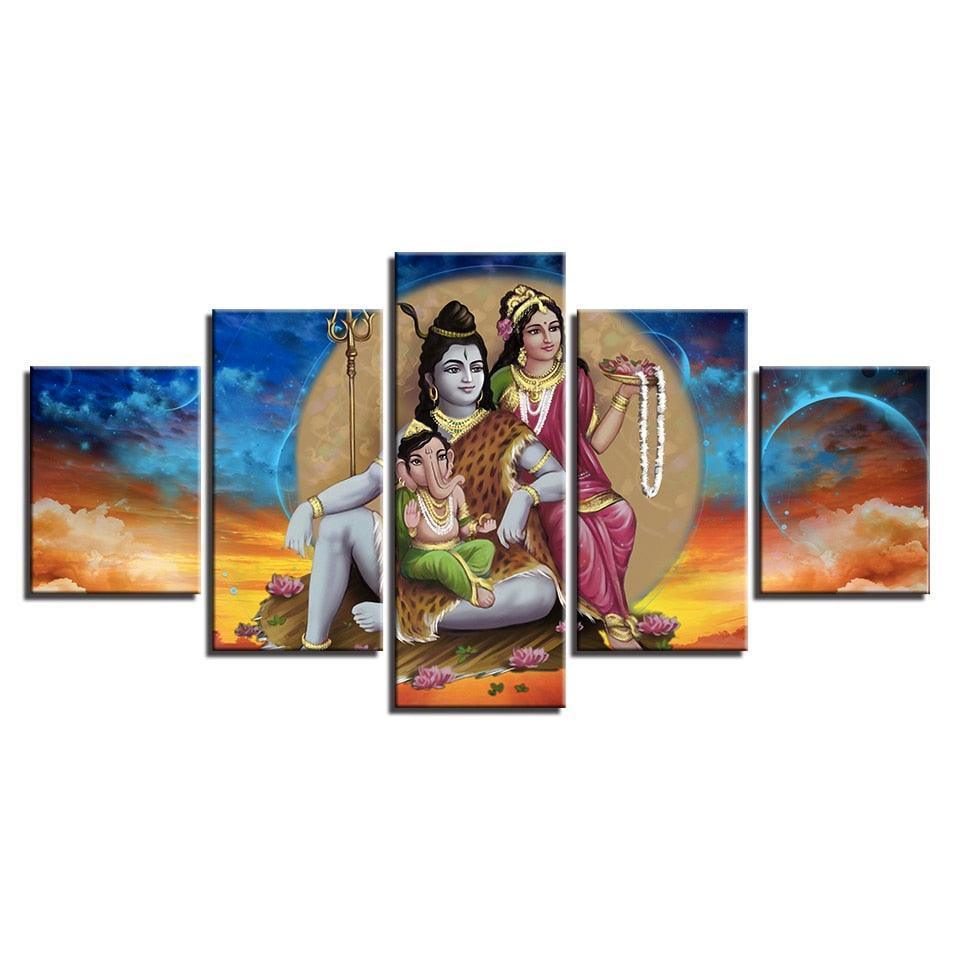 Shiva Parvati Ganesha 5 Piece HD Multi Panel Canvas Wall Art Frame-Original Frame
