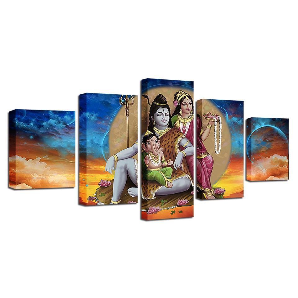 Shiva Parvati Ganesha 5 Piece HD Multi Panel Canvas Wall Art Frame-Original Frame