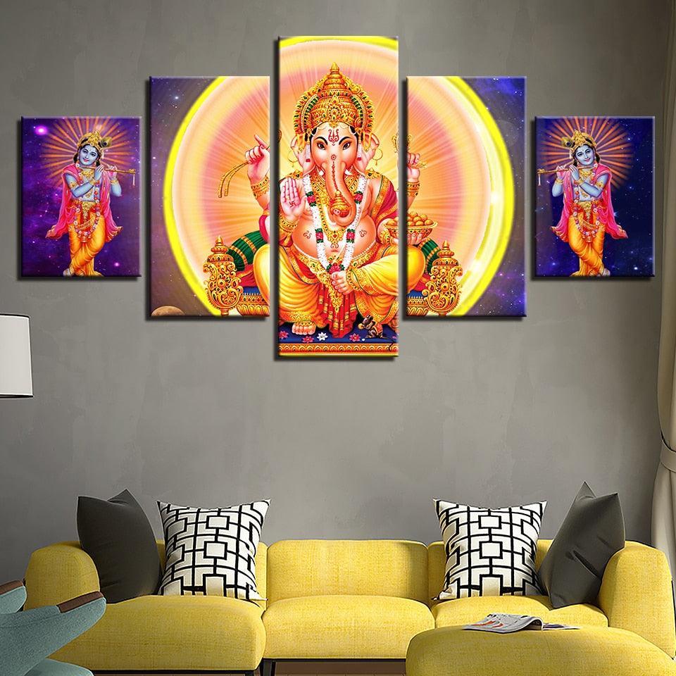 Lord Ganesha And Krishna 5 Piece HD Multi Panel Canvas Wall Art Frame-Original Frame